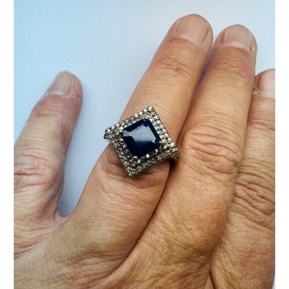 Estate Two-Tone Sterling Silver Blue Gemstone CZ Halo Statement Ring 6.5 925 - Picture 6 of 10